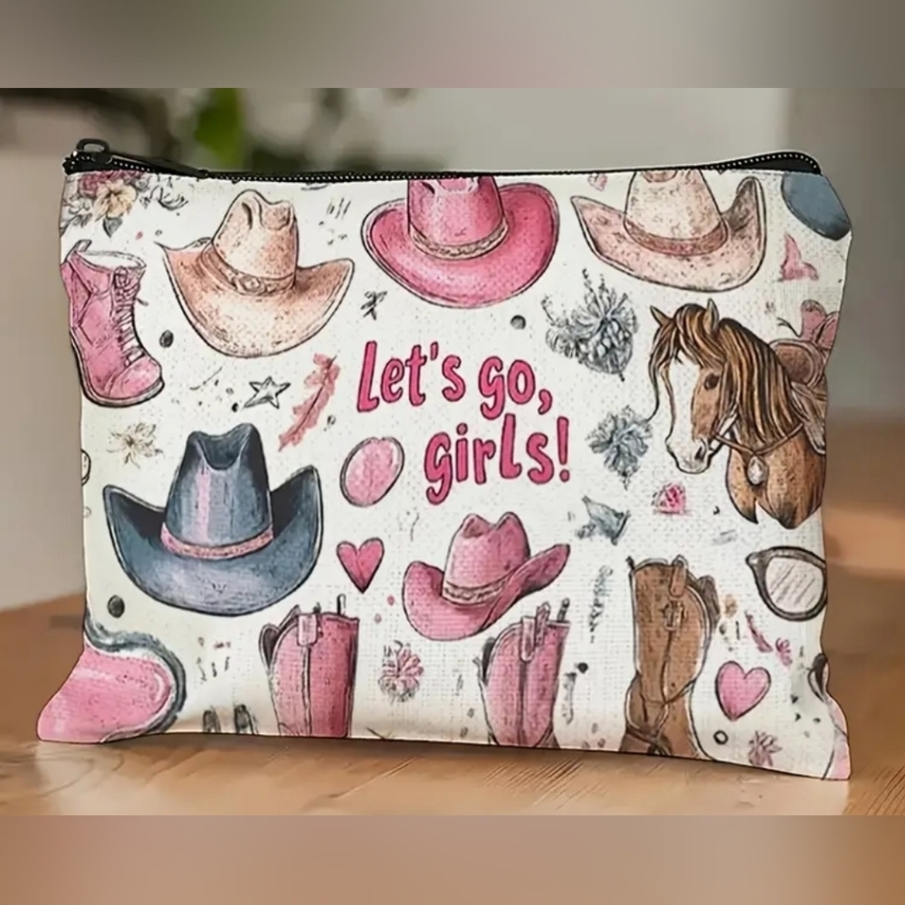 Western Cowgirl Themed Pouch with Pink and Blue Hats Cosmetic Bag Travel Bag